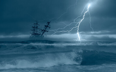Sailing old ship in storm sea on the background heavy clouds with lightning