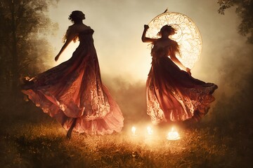Two women dancing by the fire in a forest on Kupala Nigh, Slavic festival associated with the summer solstice of the Sun. Slavs celebrate it during the shortest night of the year.  Artistic digital pa
