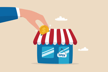 Funding small business, backing startup project or banking loan to start new business, investment or saving to open new shop concept, businessman hand funding by put coin into small business store.