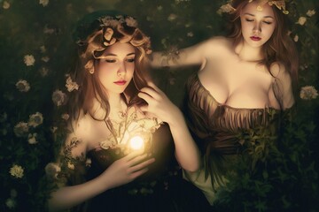 Two beautiful Slavic women sit in a meadow after dark with a candle in hand, celebrating the night of Kupala. The plump breasts, traditional folk dressesh, Slavic festival of the Sun. 3D Illustration - obrazy, fototapety, plakaty