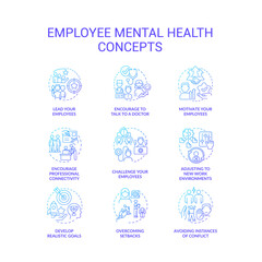 Employee mental health blue gradient concept icons set. Workforce resilience. Caring work environment idea thin line color illustrations. Isolated symbols. Roboto-Medium, Myriad Pro-Bold fonts used
