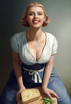 Portrait of a young beautiful big size Slavic woman with big natural breasts,  blue eyes and blonde hair pin-up style. Perfect complexion, delicate makeup. Posing with fresh bakery. Illustration