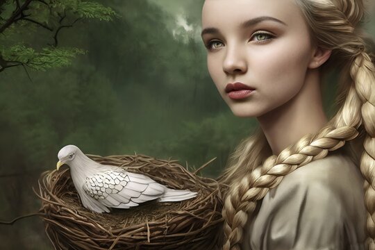 Portrait of a young beautiful Slavic woman poses with polish eagle sitting in a nest. Natural beauty, green-blue eyes and blonde hair tied up in a braid. Forest in the background. Illustration