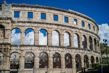 Roman amphitheater in the city of Pula, Croatia. Close-ups on the ancient walls of a Roman...