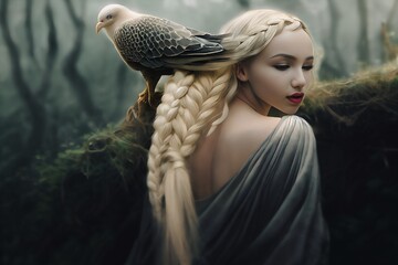 Divine Slavic beauty, goddess of charm, natural body and good look. Long blonde hair tied in a braid, poses in a forest with an eagle on her shoulder. Presents a bond with nature. Illustration 3D