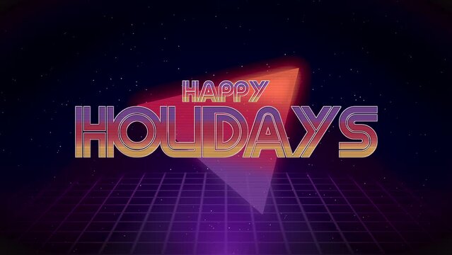 Happy Holidays with retro triangle and grid in dark galaxy, motion abstract retro, holidays and winter style background