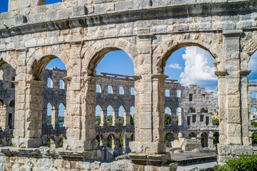 Roman amphitheater in the city of Pula, Croatia. Close-ups on the ancient walls of a Roman...