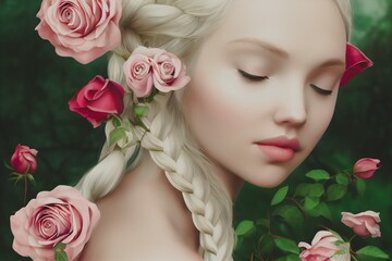Obraz na płótnie Canvas Portrait of a beautiful Adorable Slavic woman with blonde hair braided. Rose flowers woven into her hair. Roses and spring greenery in the background. Perfecy make up. 3D illustration