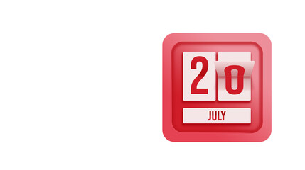 July 20th. Day 20 of month, Calendar date. Calendar in the form of a mechanical scoreboard red timetable tableau on white.   Summer month, day of the year concept.