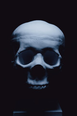 Human skull made of concrete on a stand. Interior decor.