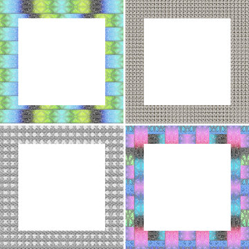 A set of curbs.Rectangular frames. Square templates for inserting photos and inscriptions. Knitted ornaments. Graphic naturalistic drawing. Stylization of three-dimensional thread graphics.