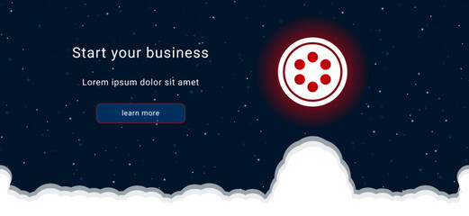 Business startup concept Landing page screen. The optic cable symbol on the right is highlighted in bright red. Vector illustration on dark blue background with stars and curly clouds from below