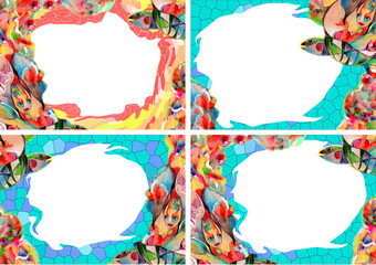 Decorative rectangular sublimation. Frams.Abstract Drawing Of The Sea, Turtle. Background Template for lettering and photo insertion. Handmade drawing with colored pencils.Set, collection.