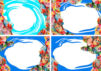 Decorative rectangular sublimation. Frams.Abstract Drawing Of The Sea, Turtle. Background Template for lettering and photo insertion. Handmade drawing with colored pencils.Set, collection.