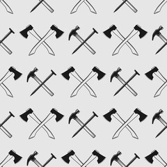 Woodworking seamless pattern with crossed axes, claw hammer and nail. Vector illustration
