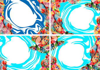 Decorative rectangular sublimation. Frams.Abstract Drawing Of The Sea, Turtle. Background Template for lettering and photo insertion. Handmade drawing with colored pencils.Set, collection.