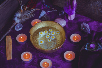 Candle burns on the altar, candles magic, clean aura and negative energy, wicca concept