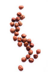 Hazelnut isolated on white background. Composition of nuts pattern. Top view. Flatlay