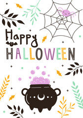 Vector postcard with cute pastel halloween doodles. Hand drawn magic characters for kids. Web with spider and cauldron elements for card, poster, invitation design