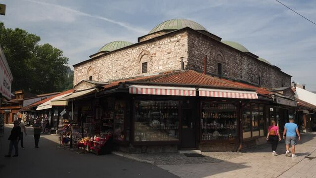 Brusa Bezistan Ottoman Historical Building in Bascarsija, Sarajevo, Pan shot