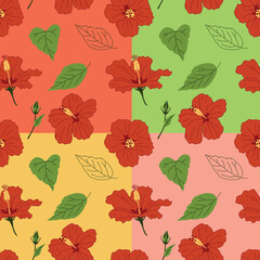 Seamless pattern of red Hibiscus flowers on different backgrounds. Chinese rose. Vector illustration for decoration, postcards, print