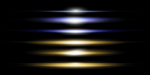Beautiful horizontal lens flares pack. Laser beams, horizontal light rays.Beautiful light flares. Glowing streaks on dark background. Luminous abstract sparkling lined background.