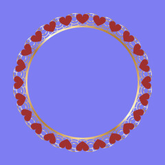 Beautiful round golden frame with hearts. Festive design. Gold border. Round frames vector.