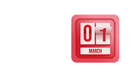 March 1st . Day 1 of month, Calendar date. Calendar in the form of a mechanical scoreboard red timetable tableau on white.   Spring month, day of the year concept.