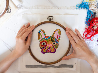 french bulldog sugar skull frenchie dog animal day the dead illustration design hand embroidery handmade craft hobby pattern surreal face abstract art color needlework colorful thread fabric textike