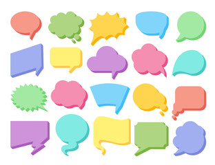 Speech bubble graphic cartoon colorful blank icon set. Isolated comment bubbles speeches different shapes. Comic message dialog text, chat cloud template. Empty think talk balloon communications sign
