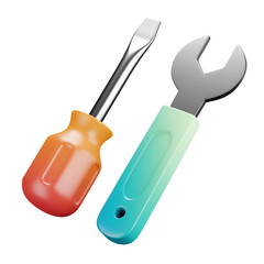 3D cartoon user interface illustration of a tools or screwdriver with wrench or equipment icon on an isolated background. With studio lighting and a gradient colourful texture. 3D rendering