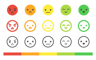 Emotional mood scale isolated flat icon set. Emoji indicator of satisfaction. Emoticon rating color feedback sign. Measurement fun face level symbol isolated on white