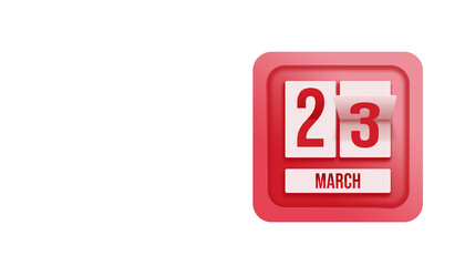 March 23rd. Day 23 of month, Calendar date. Calendar in the form of a mechanical scoreboard red timetable tableau on white.   Spring month, day of the year concept.