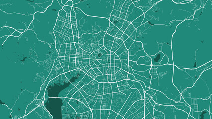 Dark green Kunming city area vector background map, roads and water illustration. Widescreen proportion, digital flat design.