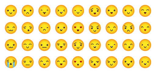 Yellow emoji faces icon set. Joyful, sad, happy lol, love eyes smile, angry, cheerful emoticons. Cartoon emoticon circle avatar icons with different funny emotions. cute emotional face expressions