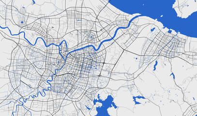 Ningbo map. Detailed map of Ningbo city administrative area. Cityscape panorama illustration. Road map with highways, streets, rivers.