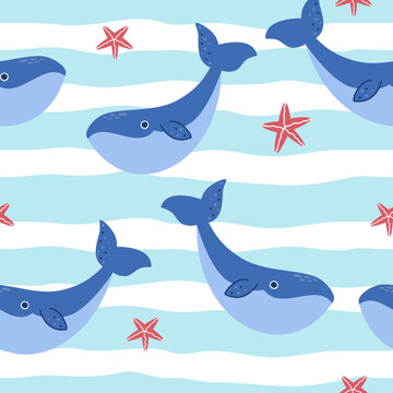 Seamless vector pattern. Sea whales on a background of stripes, red starfish. Sea pattern
