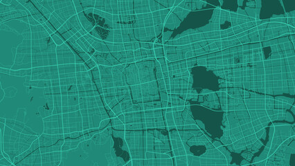 Dark green Suzhou city area vector background map, roads and water illustration. Widescreen proportion, digital flat design.