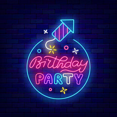 Birthday party neon sign on brick wall. Light advertising. Firework petard icon. Luminous poster. Vector illustration