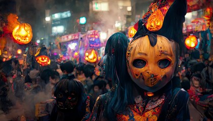 Halloween in Tokyo. Night carnival on the street. People in masks and costumes.