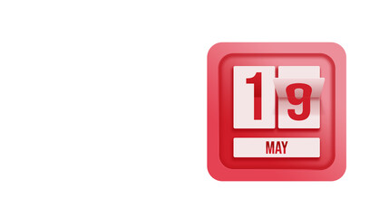 May 19th. Day 19 of month, Calendar date. Calendar in the form of a mechanical scoreboard red timetable tableau on white.   Spring month, day of the year concept.