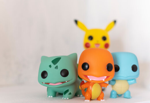 Grenada, Spain; October 4, 2022: Pokemon Funko Pop Vinyl Figures: Pikachu, Charmander, Bulbasaur, Squirtle