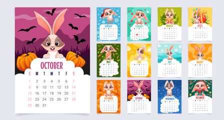 Calendar 2023 template with cute rabbit. Set of 12 pages for each month with different bunny for every season. Vector cartoon template for planner design, organizer desktop calendar.