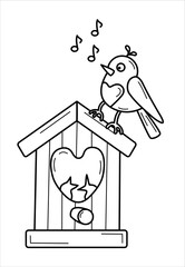 Vector isolated line illustration a singing bird on a birdhouse spring, easter theme. Good for coloring books, postcards, web design.