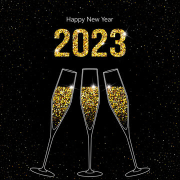 2023Happy New Year. Champagne glasses empty and full vector illustration. Restaurant glassware. Bubbly in glass. Champagne glasses flat icons, fizzy champaign in goblet. Holiday gold glitter confetti