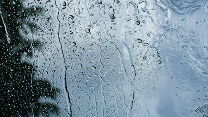 raindrop flow on window,cloudy background