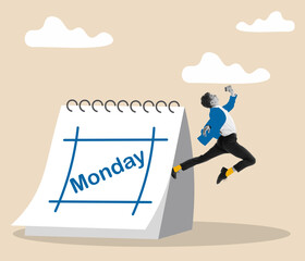 Happy businessman before work week with planner or calendar showing Monday. Creative art collage about successful business.