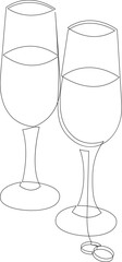 Continuous line drawing of two glasses with champagne and wedding rings. Minimalist one line drawing style. Vector illustration.