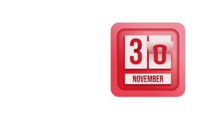 November 30th. Day 30 of month, Calendar date. Calendar in the form of a mechanical scoreboard red timetable tableau on white.   Autumn month, day of the year concept.