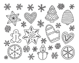 Doodle gingerbread vector set. Hand drawn ginger cookies set. Christmas tree, snowman, ginger cake man and heart cookie